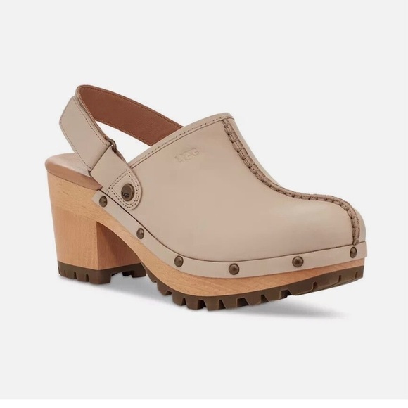 NWOB UGG LANNI TAN LEATHER/ WOOL 3" CLOGS HEELS, WOMEN US 11 - Picture 1 of 5